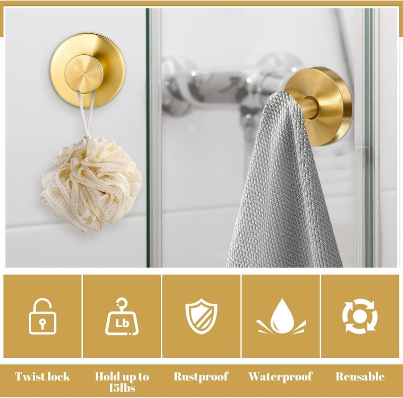 Dntorx Vacuum Suction Cup Hooks, 4 Pack Stainless Steel Suction Hooks for Shower Bathroom Towel Hooks Shower Hooks Holders Shower Hooks Hanging Towels, Loofah, Robe, Coat(Gold) - Image 2